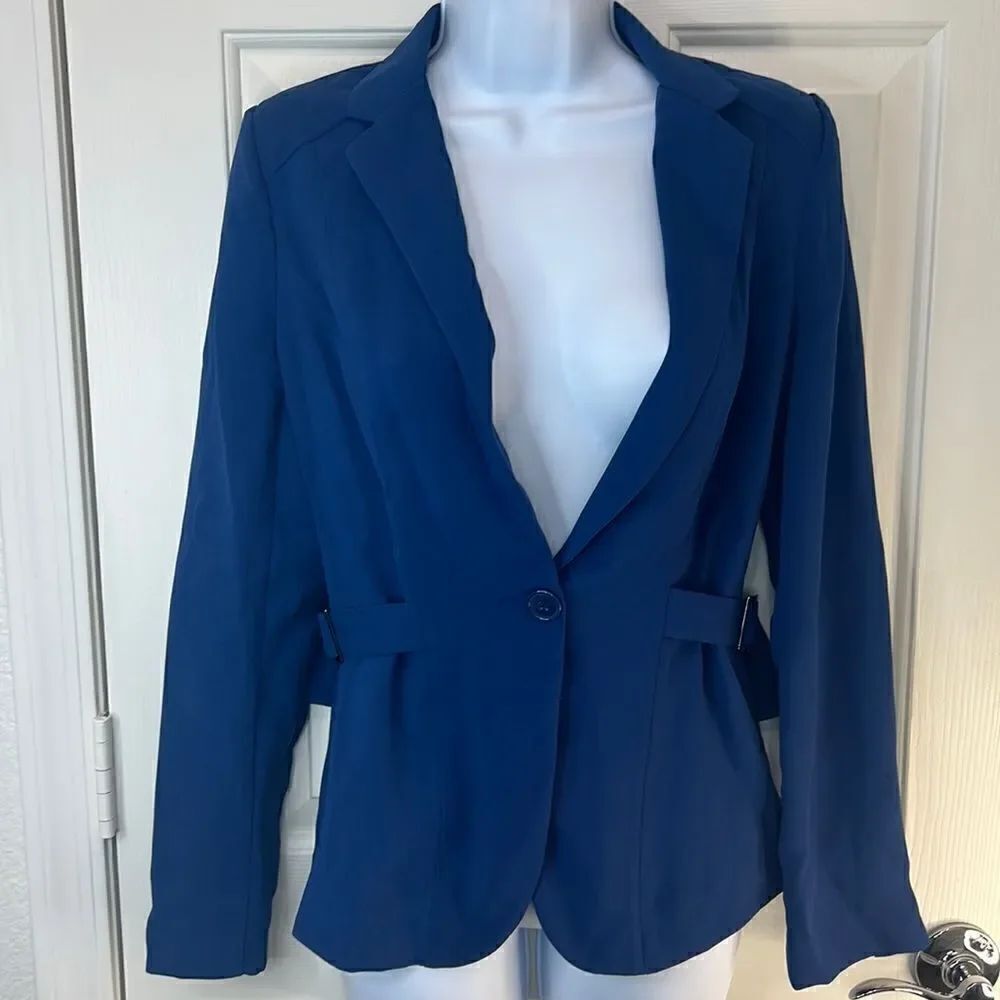Just Fab Blazer Sz XS Navy Royal Blue Adjustable Waist Gray Hardware Long Sleeve